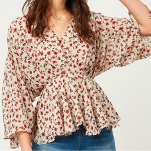 Floral Print Peplum Women's Top - Cream and Red